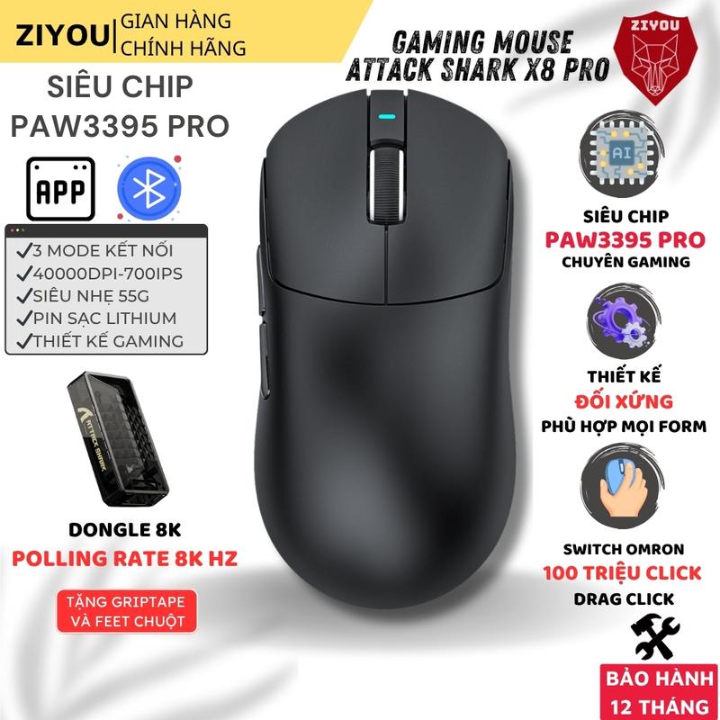 Chuột Gaming Không Dây Ziyou Attack Shark X8 PRO - Cảm Biến PAW3395PRO 40.000DPI 8.000Hz, 3 Mode Kết Nối, Pin 500mAh, App Tùy Chỉnh