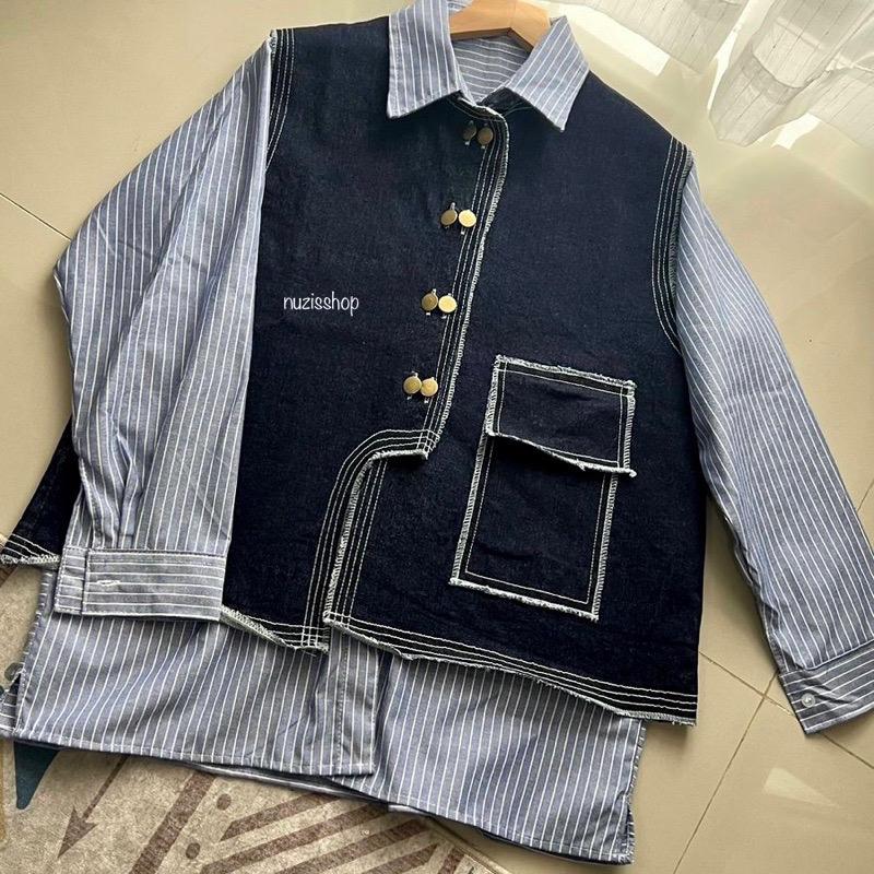 NUZI - Haein Vest Jeans Premium Kemeja Rompi Outer Wanita Atasan Oversized Woman Import Korean Style Shirt Stripe Sleveless 5