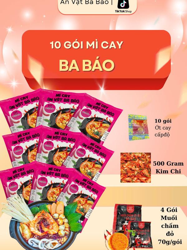 [ DEAL TRÊN LIVE ] 10 Set Mì Cay Ba Báo Kèm Gói Súp Gia Vị Cốt Pha Sẵn Nấu Tại Nhà Hương Vị Tại Quán - Ớt Cấp Độ, 4 muối chấm , 500Gram Kim chi