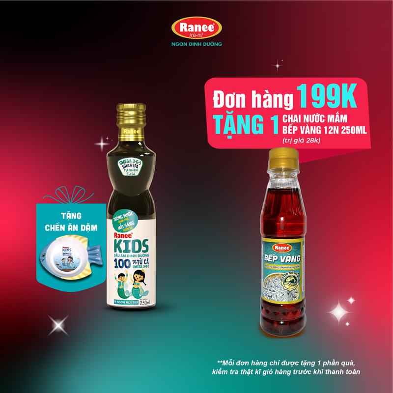 {ĐƠN 199K TẶNG CHAI NƯỚC MẮM} Dầu ăn Cá Hồi dinh dưỡng cho bé Ranee Kids 250ml + tặng kèm chén ăn dặm cao cấp hình cá