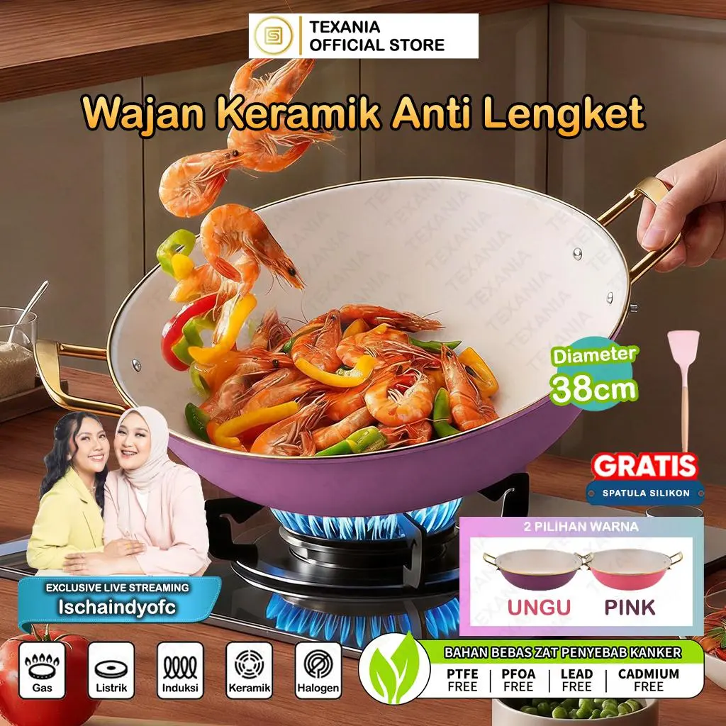 [ISCHAINDYOFC] TEXANIA Wajan Keramik Anti Lengket Gagang Gold 38cm Tutup Kaca Mewah Free Centong Silikon Pink - Kitchenware
