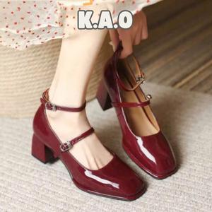 Giày Mary Jane cao gót màu đỏ, đen, giày cao gót búp bê da bóng có khóa cài M9 - Tiệm của Kao
