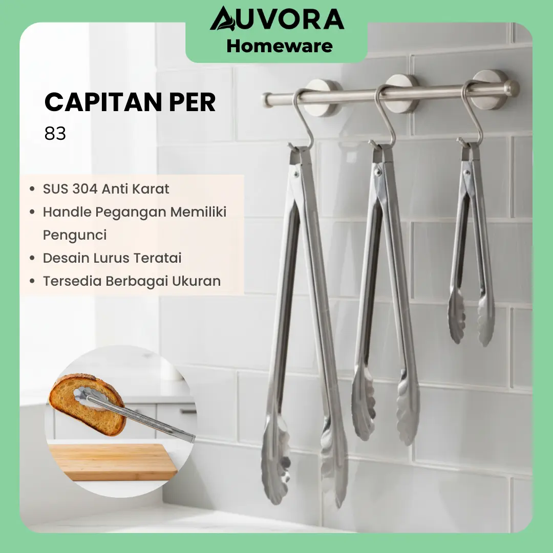 AUVORA Jepitan Kue Capit Makanan Food Tongs Silver Stainless Steel Tebal Anti Karat Cocok untuk Masak & BBQ 9 inch 12 inch 14 inch