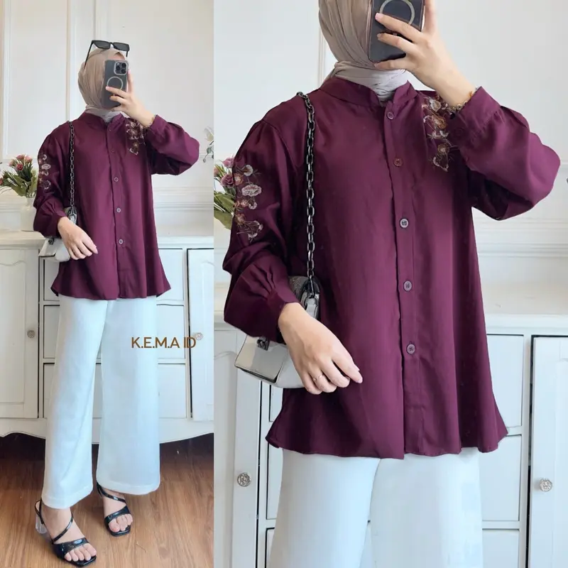 Jasmine blouse bordir bunga linen katun twill blouse wanita atasan vintage nyaman cantik full kancing Oversize Formal Panjang Lembut Santai 0