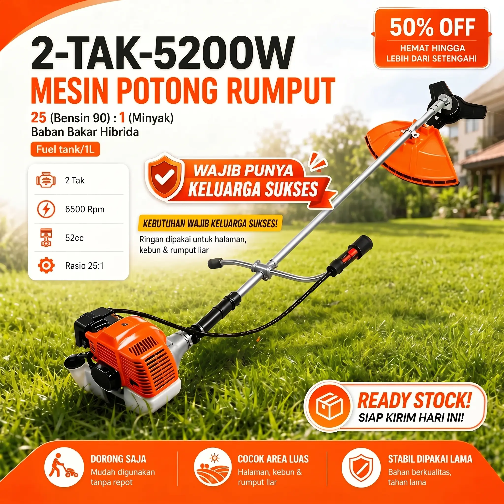 REAIM Mesin Potong Rumput Bensin 52CC Tipe 2TAK & 4TAK Desain Batang Lipat Portable Multifungsi Alat Pemotong Rumput Sawah Ladang Kebun