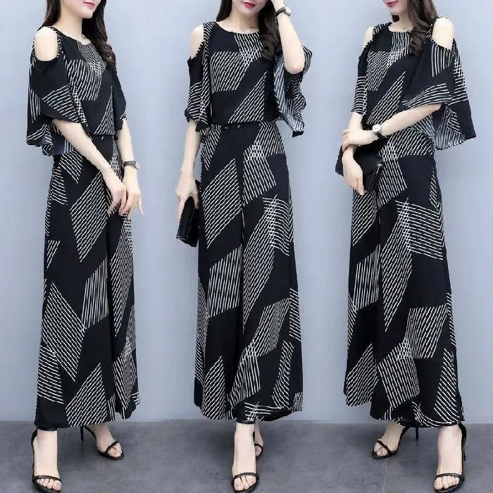 Bộ Đồ Hai Mảnh Thường Ngày Và Thời Trang, Phong Cách Hàn Quốc, Cho Nữ, Áo Trễ Vai Dáng Rộng Mùa Hè, Quần Ống Rộng, Cổ Tròn