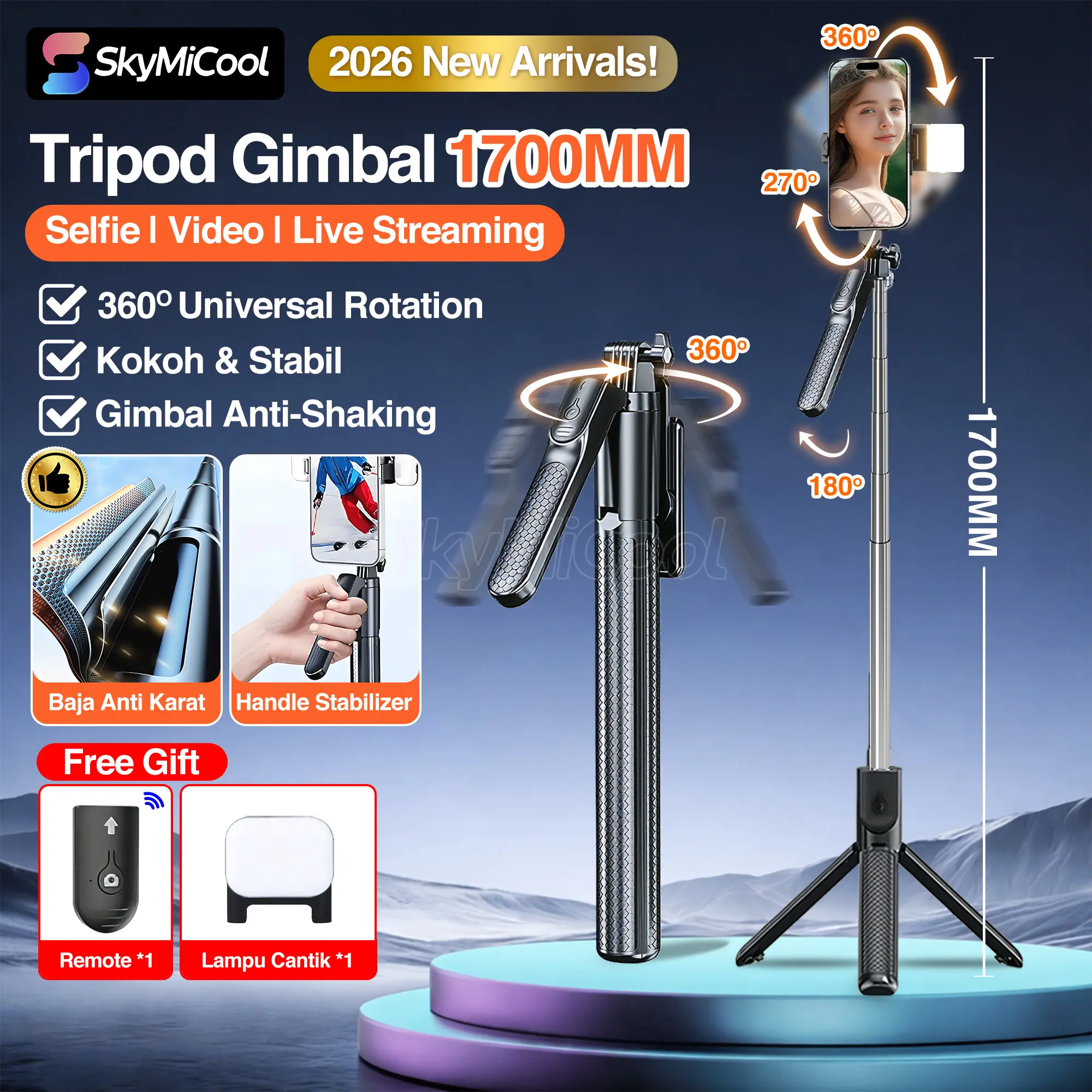 【DAPAT LAMPU】Skymicool SS07 Tripod Hand Stabilizier 170cm Remote Bluetooth Tongkat Selfie Stick Alluminium Alloy