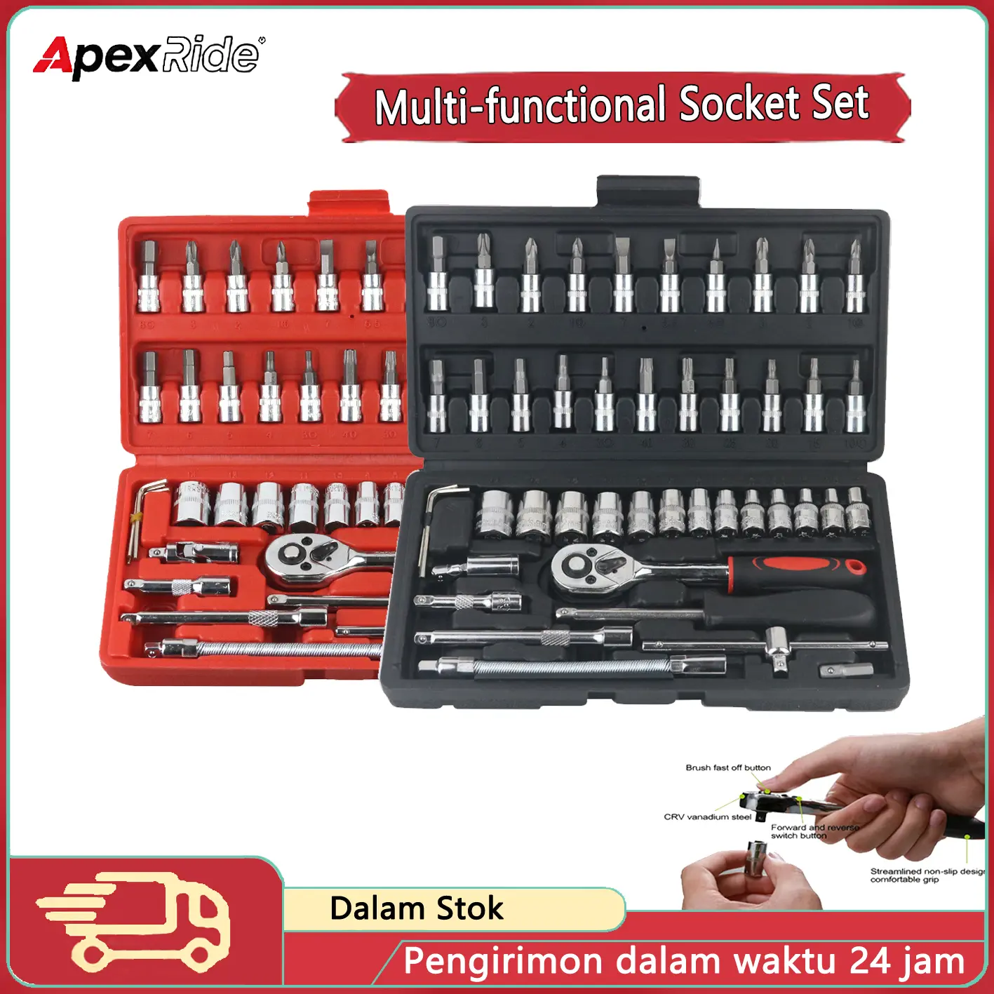 Kunci Socket Wrench Pas Socket Set  Soket Drive Kunci Sok Set Repair Tool 46 pcs Kunci Soket 46 Buah Kombinasi Multifungsi Kunci Soket Ratchet Set