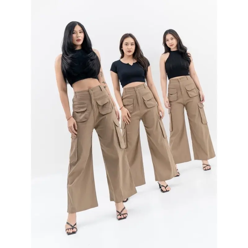 Kulot Cargo Pants Wanita Kantong Depan Karet Celana Kancing 1