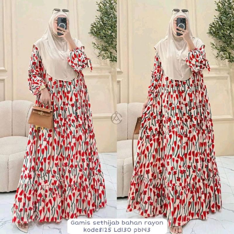 Gamis Rayon Set Hijab jumbo busui Gamis Busui Friendly Rayon Diamond Kekinian Free Hijab  Gamis Motif Long Dress Set Hijab 6