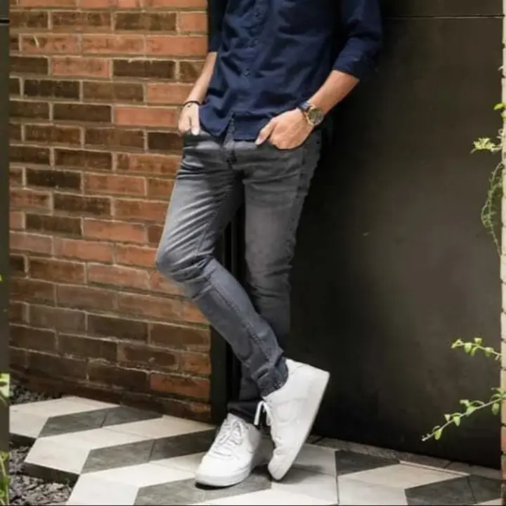 Celana Jeans sobek robek Ripped Abu pria model Slim fit premium 1