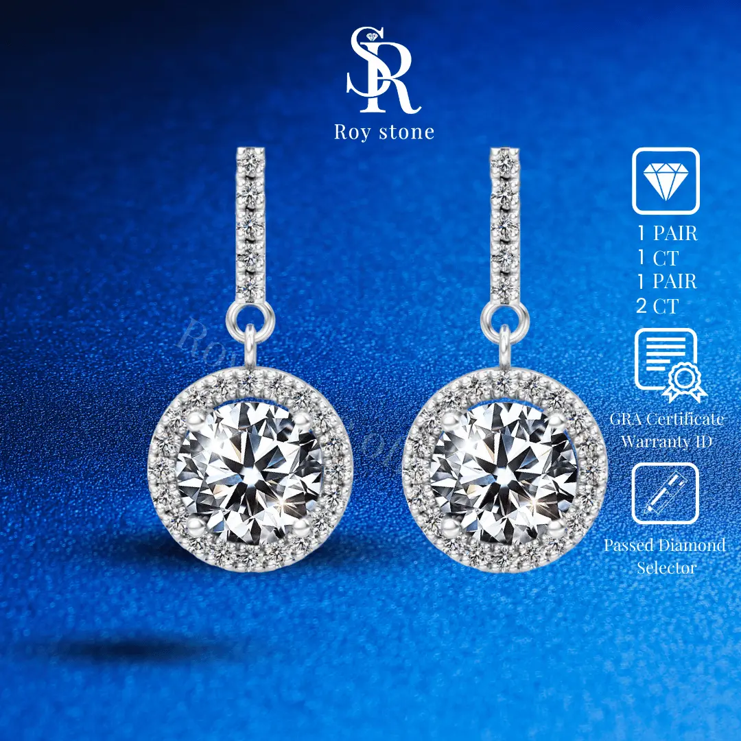 RoyStone - Anting Moissanite Original Wanita Sertifikat GRA Perhiasan Silver Asli Lapis Emas Putih 18K Anti Karat Desain Simpel Elegan Wedding Engagement Earring Birthday Gift_ Fleur Earring