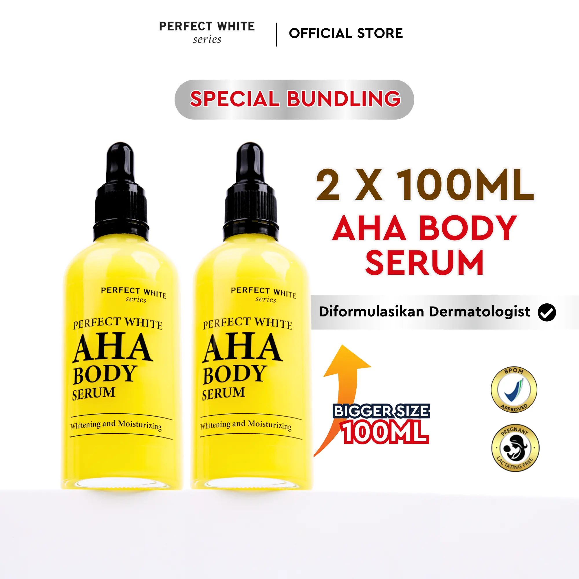 [TWINPACK 2pcs] PERFECT WHITE AHA Body Serum 100ML | Serum AHA Memutihkan Mencerahkan Pencerah Tubuh Campuran Hand Lotion Lactic Glycolic Acid Whitening