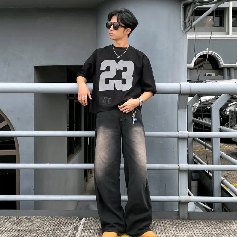 Celana Jeans Wishker Kulot Baggy Gombrong Pants Outfit Skena Gombrong Loose-fitting Y2K Shabby Chic Biru Hitam - Panjang, Wanita - Kaki Stretch Melar Denim 6