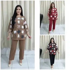 SETELAN wanita dewasa motif BEAR KOTAK celana panjang baju lengan 7/8 pakaian perempian outfit fashion
