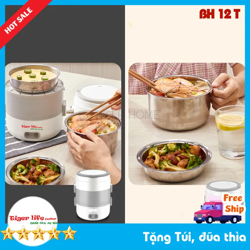 Hộp Cơm cắm điện CAO CẤP Hâm và Nấu cơm Inox 3 Tầng, Hộp cơm cắm điện Làm Nóng Siêu Tốc model HC1 Tặng Full đồ 5
