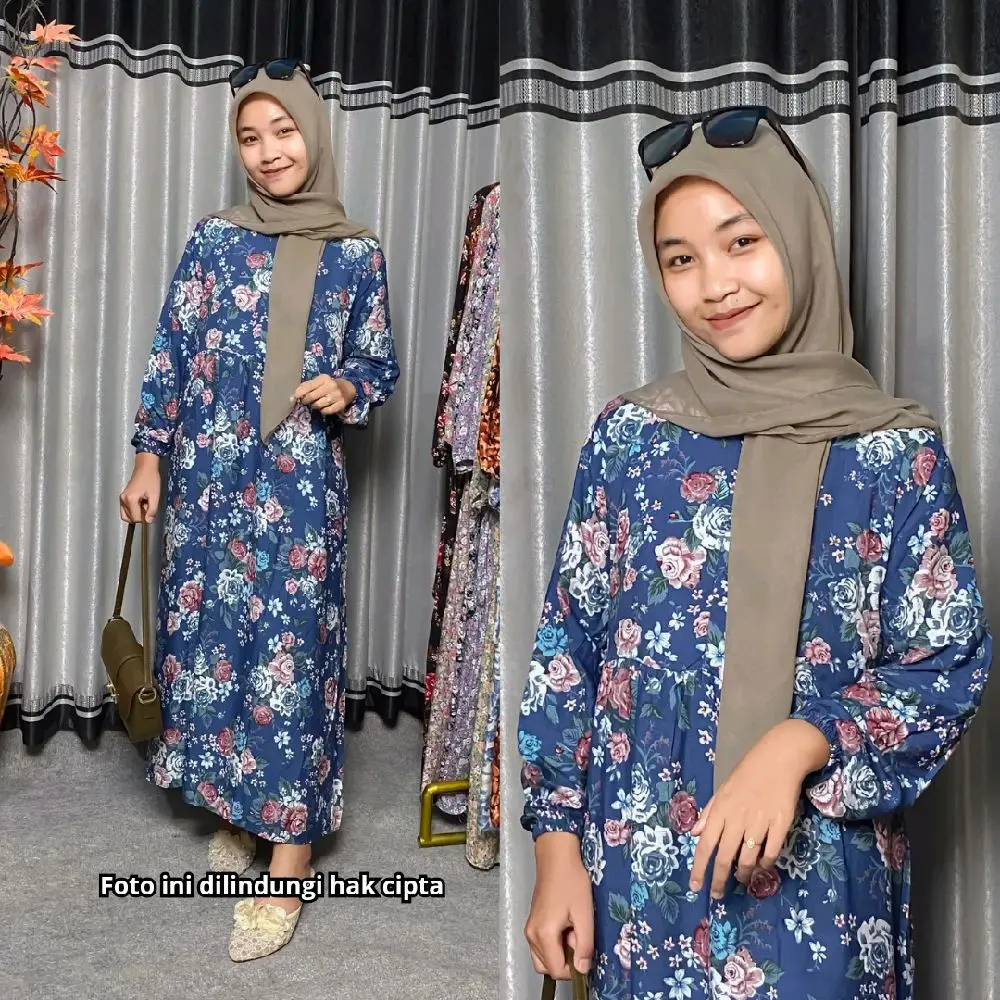 Midi Dress kekinian // Dress Rayon motif fit karet Busana Muslim Panjang Wanita Cantik Nyaman dipakai, kain yang Lembut buat ibu Menyusui juga bisa. Formal Santai Gamis Katun Variasi