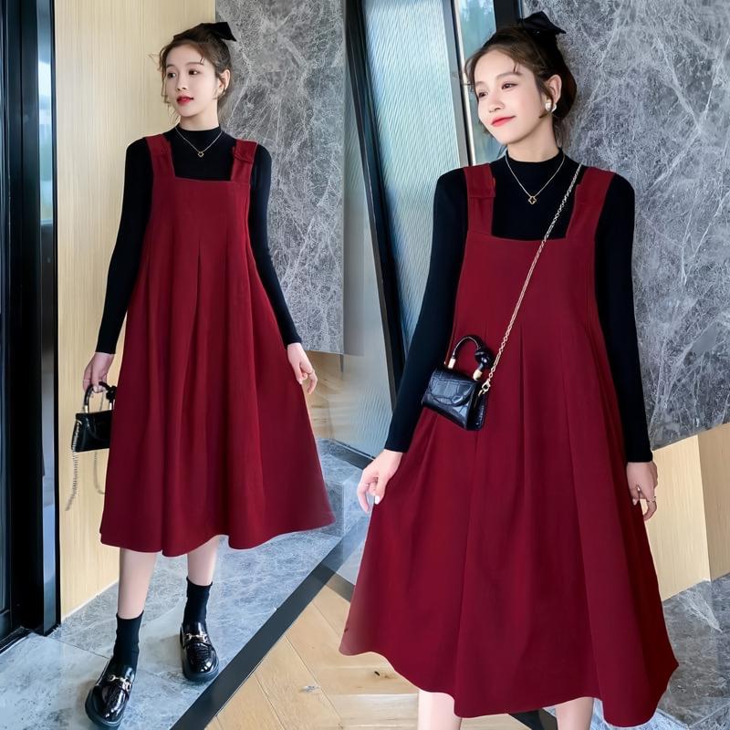  Sét yếm bầu Nhung tăm đỏ đô-kèm áo trong cotton phù hợp mùa thu đông cho các chị em 