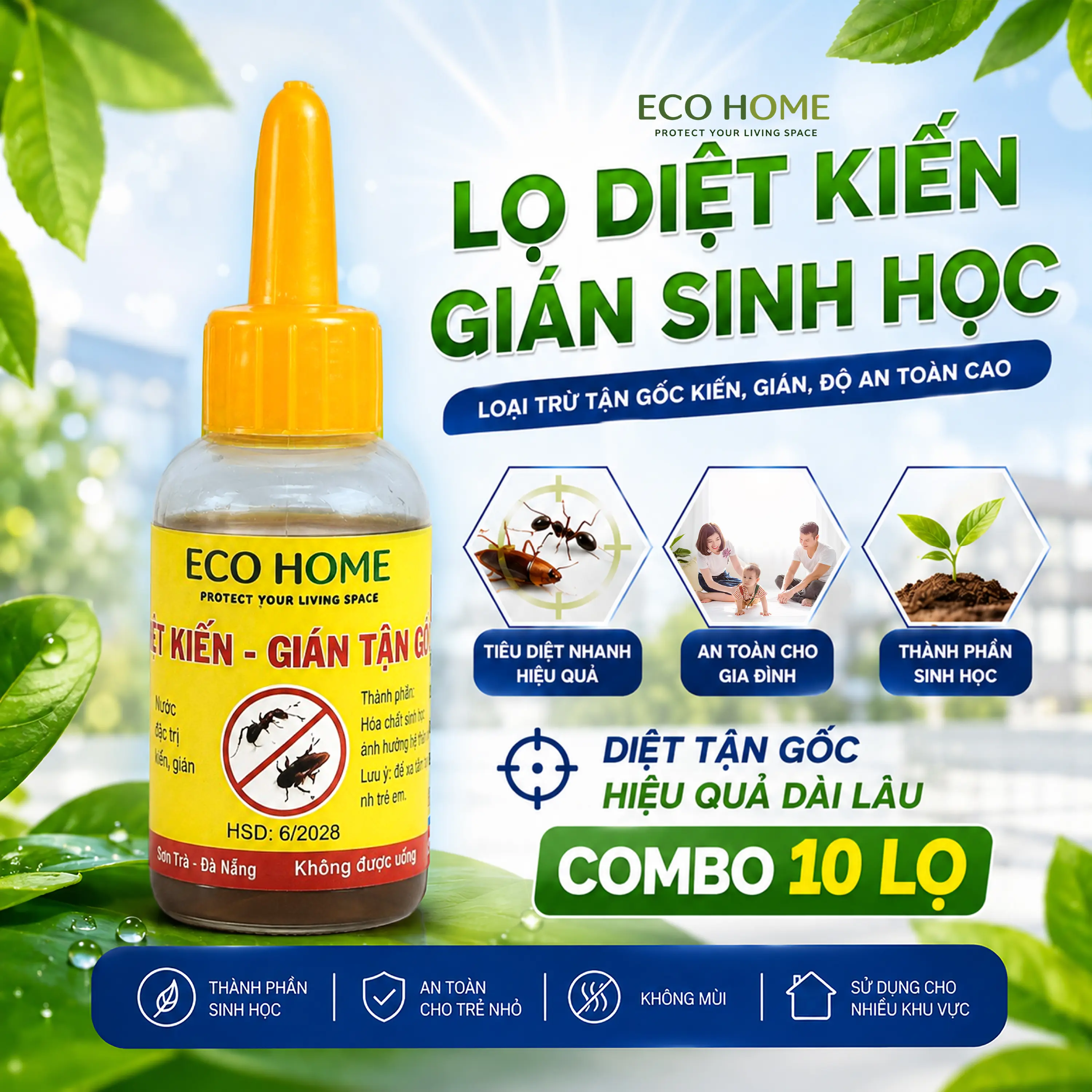 10 Lọ chất lỏng diệt trừ kiến gián sinh học Ecohome - Không mùi, an toàn cho người và thú cưng - Diệt trừ hiệu quả kiến, gián (10ml / 1 lọ)