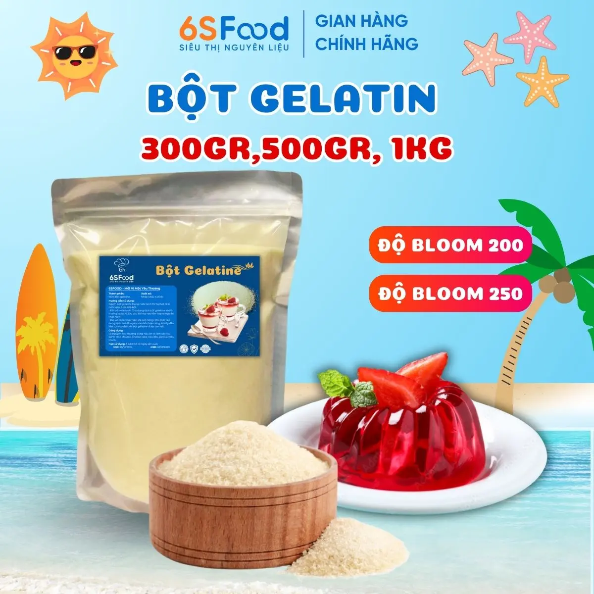 Bột Gelatin Đức Làm Tàu Hũ Singapore, Panna Cotta, Kẹo Dẻo, Pudding, Chè Khúc Bạch Núng Nính, Mềm Tan Trong Miệng 6SFOOD (Hạt to) set  nguyen