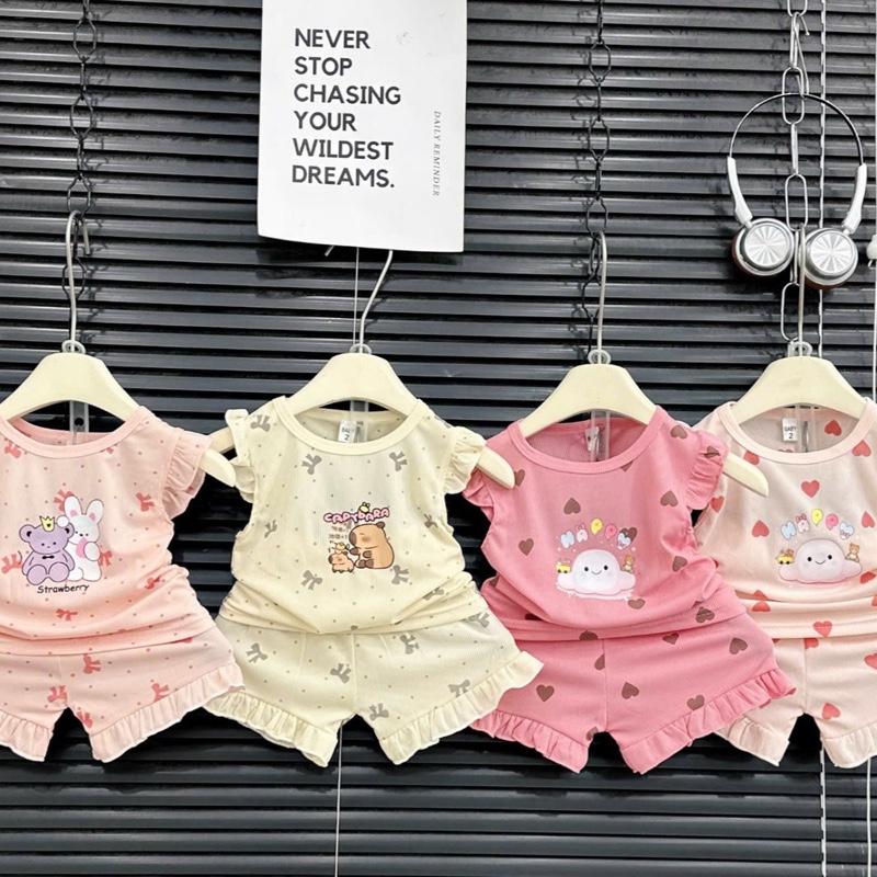 [COMBO 3-4 Bộ thun tăm lạnh phối bèo baby three cho bé gái dễ thương