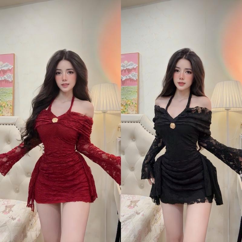 Có Bigsize Đầm ren trễ vai tay dài loe form ngắn phối tua rua KÈM QUẦN kho sỉ hải chuyền Đ215