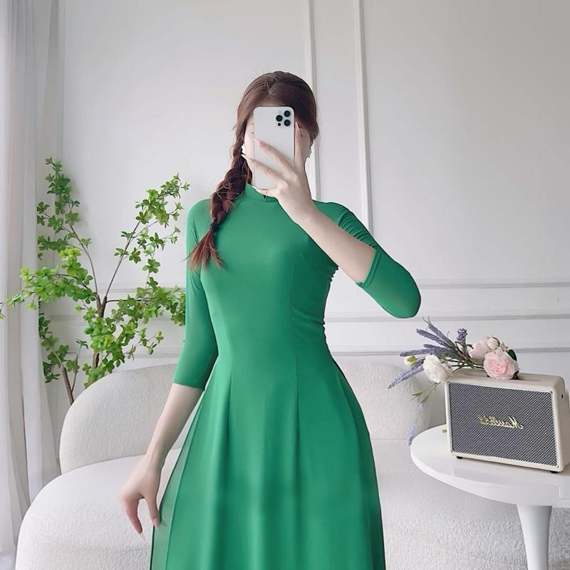 [TAY LỠ - SẴN HÀNG ] Bộ Áo dài trơn 2 tà màu xanh lá chất lụa Mỹ mềm mịn co giãn thoải mái Women Dress - Áo Dài Nhà Anne 2