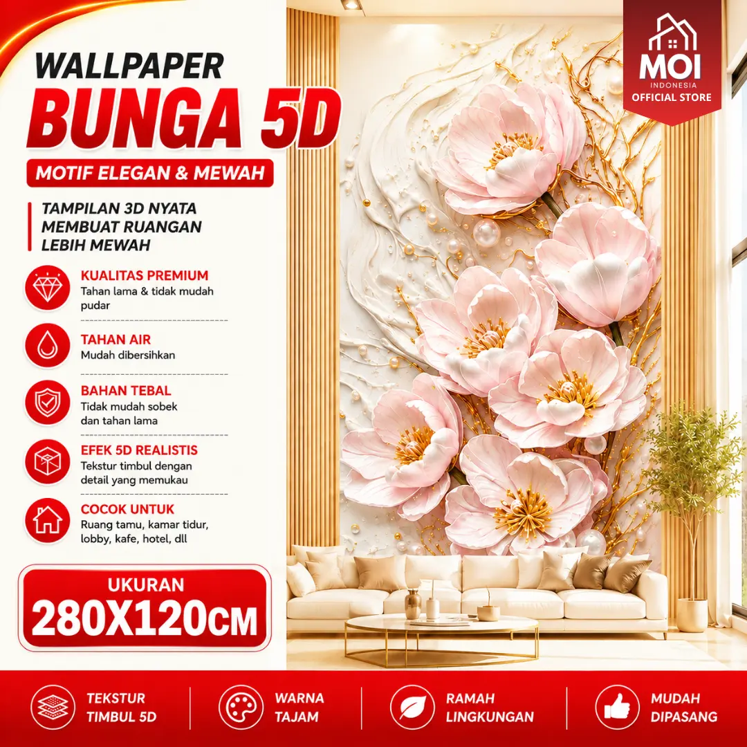 MOI Wallpaper 5D Motif Bunga Ukuran 280 x 120 cm Tebal 0.25 | Wallpaper Roll Motif Bunga Full Roll untuk Dinding, Sudah Ada Perekat, Tahan Air