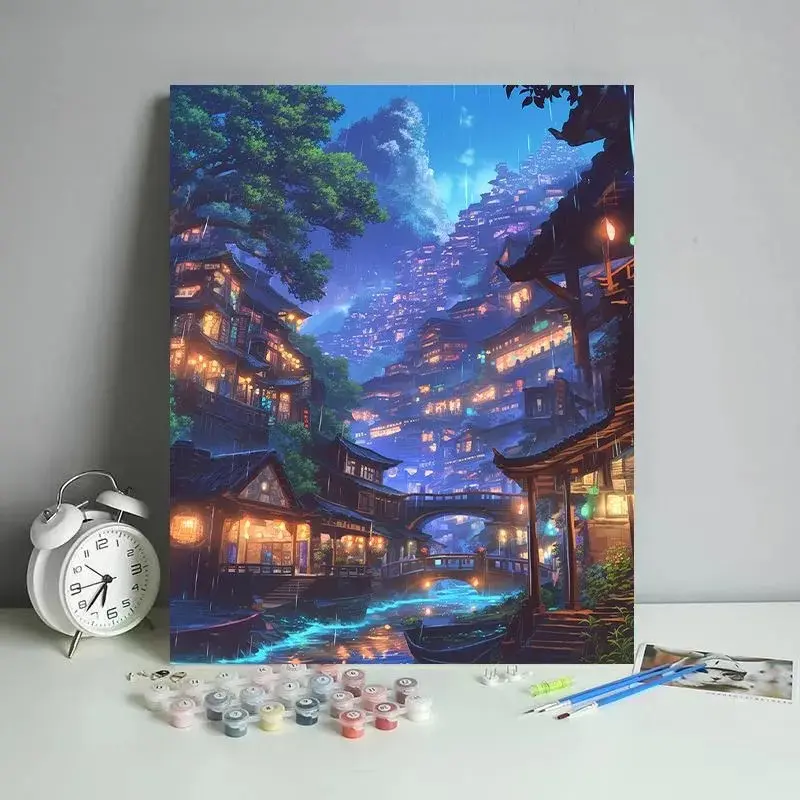 Tranh Đổ Màu Theo Số, CAISIHUI, Thiết Kế Cảnh Đường Phố Đêm Đèn Lồng, 40x50cm, Phong Cách Trung Quốc Tự Làm, Cảnh Quan Thị Trấn, Tranh Treo Tường Theo Số Màu, Ý Tưởng Quà Tặng Tuyệt Vời 2