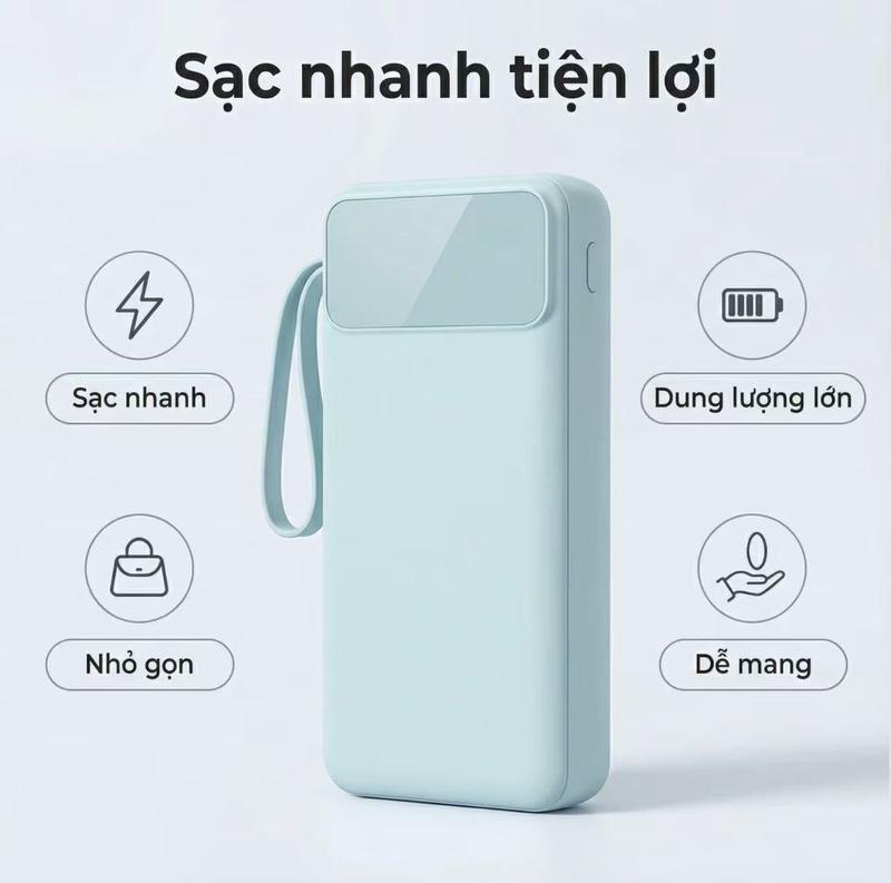 Pin sạc dự phòng dung lượng lớn 30000mAh 50000mAh tích hợp 4 dây sạc tiện lợi, hỗ trợ sạc nhanh nhiều thiết bị, màn hình LED báo phần trăm pin và đèn chiếu sáng tiện dụng