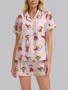Conjunto de pijama para mujer de 2 piezas con estampado de Curious George, blusa suave abotonada de manga corta y shorts holgados elásticos, ropa de dormir casual y linda para todas las estaciones