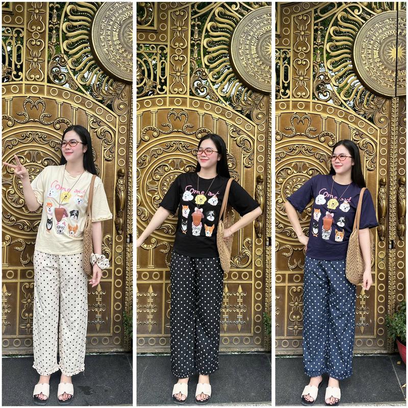 nguyên sét áo thun cotton in full bèo tay phối quần đũi bi cotton trẻ trung hàng shop xịn chất