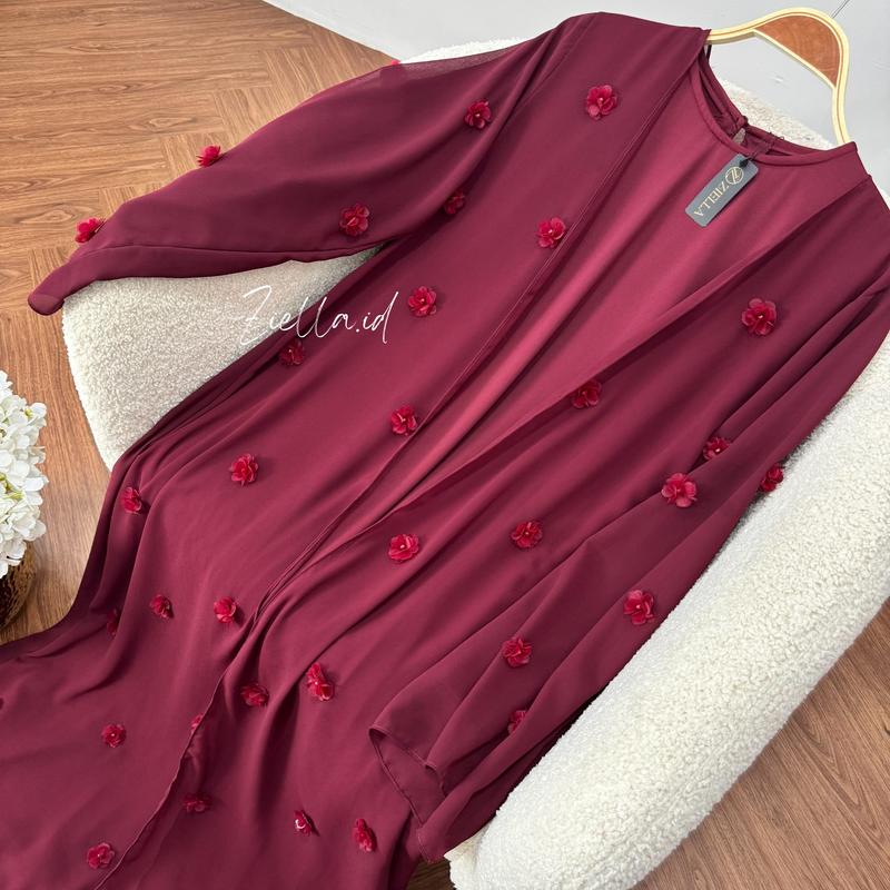 Ziella - Fatimah Abaya 2in1 Outer dan Inner With Bunga Organza 3D bahan Ceruty Babydoll Jersey Abaya Adem Nyaman Dipakai Tidak Menerawang 3
