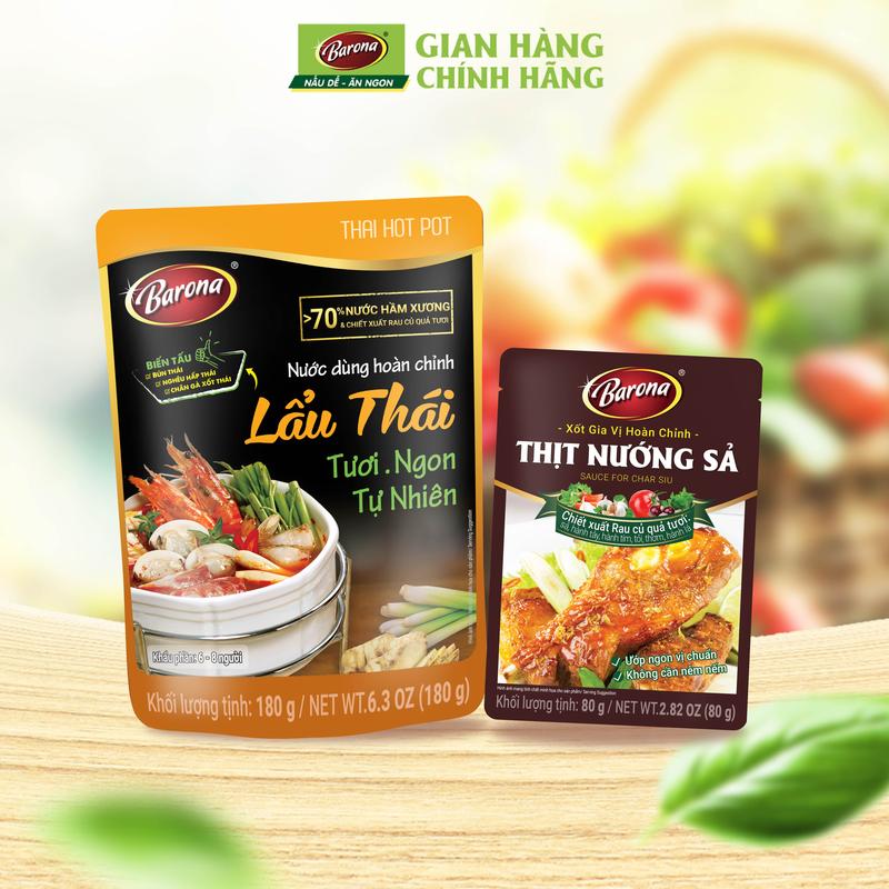  Combo 1 gói Gia Vị Nước Dùng Hoàn Chỉnh Lẩu Thái & 1 Xốt Barona Thịt Nướng Sả 80g 