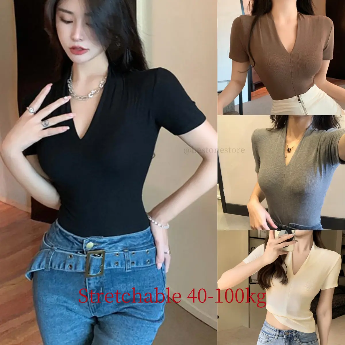 Women Plus Size T Shirt Casual Plain V Neck Short Sleeve T-Shirts Stretch Tops Retro Women Clothing 40-90kg