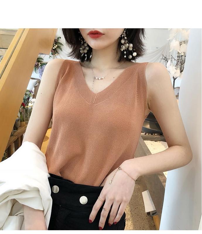 Product Introduction of Fashion Ice Silk Camisole Women's Outer Wear Summer Sleeveless Knitwear Korean Style Loose V-neck Short Bottoming Shirt Top Fashion Womenswear Lingerie 12