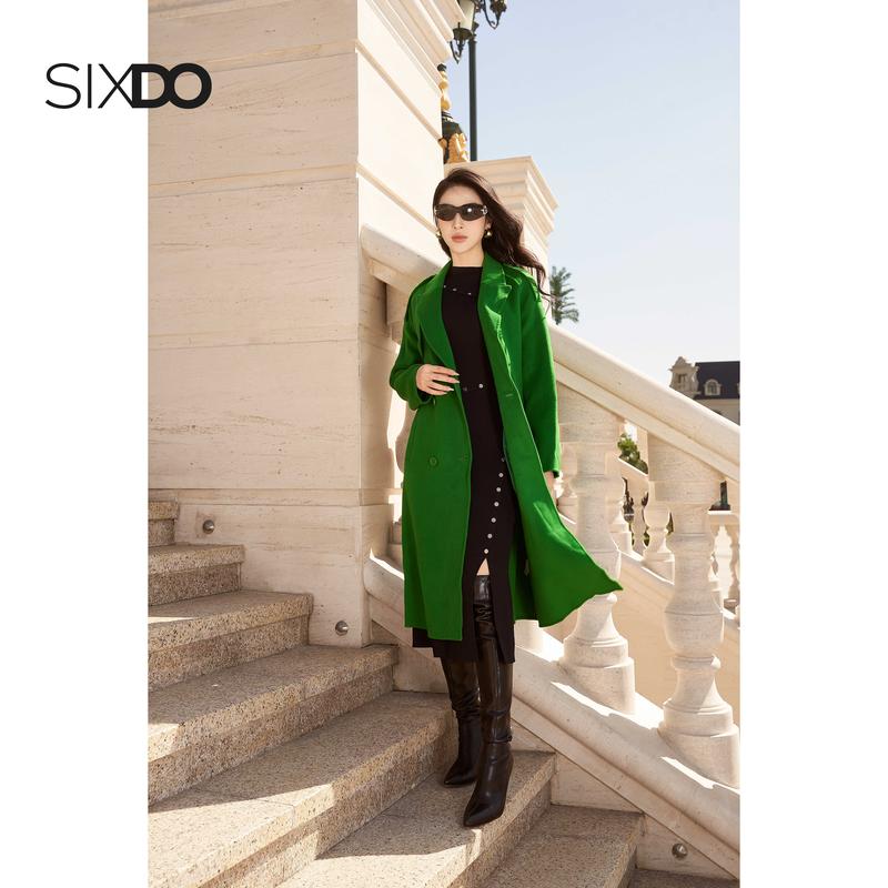  Áo khoác nữ dạ lông cừu xanh lá SIXDO  Green Peak Lapel Neck Long Coat  
