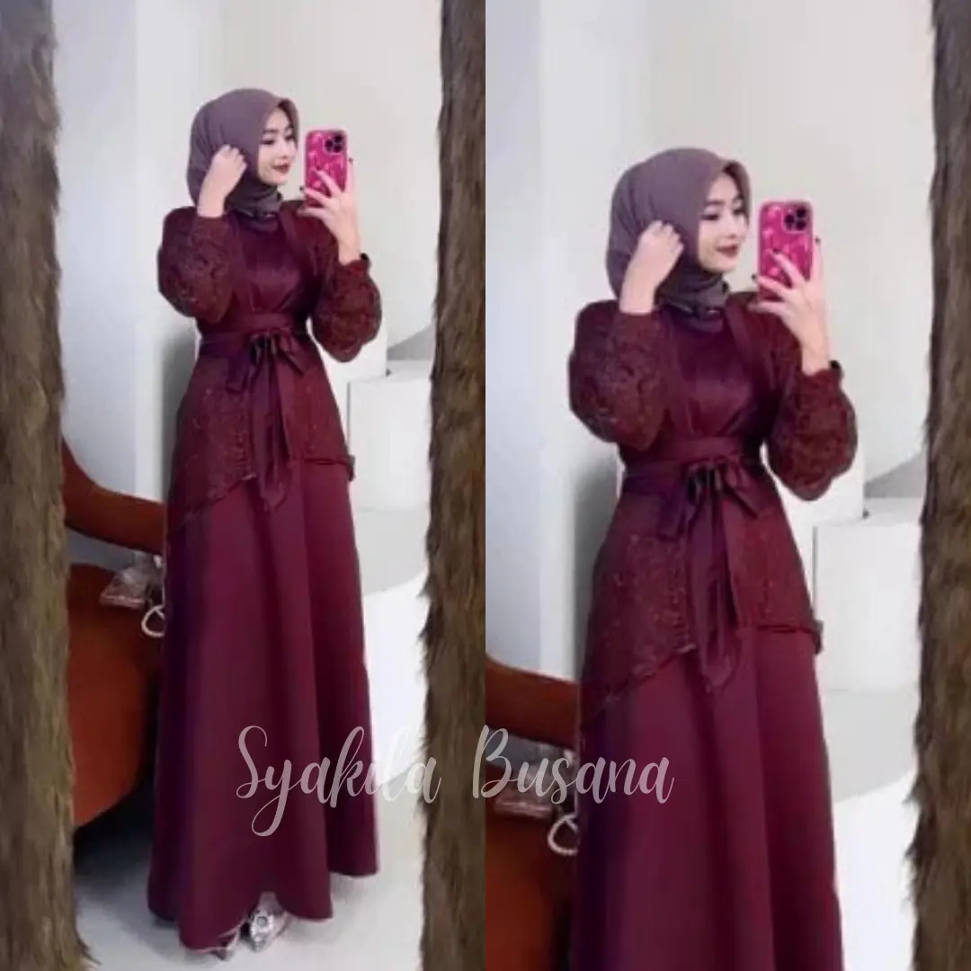 SPECIAL BURGUNDY VELOXA FUJI DRESS SET INNER + OUTER BRUKAT TILLE JULLITE PREMIUM FREE BELT / ONESET DRESS KONDANGAN PLUS OUTER LUXURY / DRESS ACARA KONDANGAN // FASHION MUSLIM LEBARAN // BUSUI FRIENDLY // READY JUMBO XXL