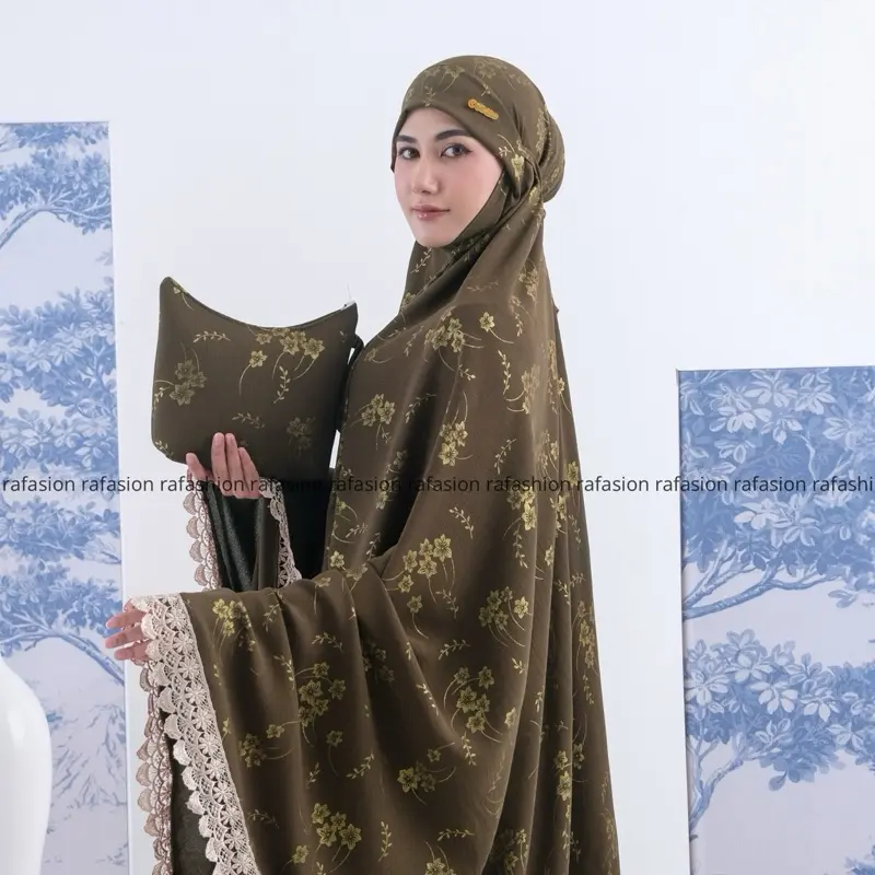 Ra Fashion - Mukena Armina Dewasa Pogy Crinkle Airflow Syar'i Penutup Dagu Motif Bunga Mewah Renda Cantik Panjang Atasan Traveling Beli Lokal Nyaman Lembut 4