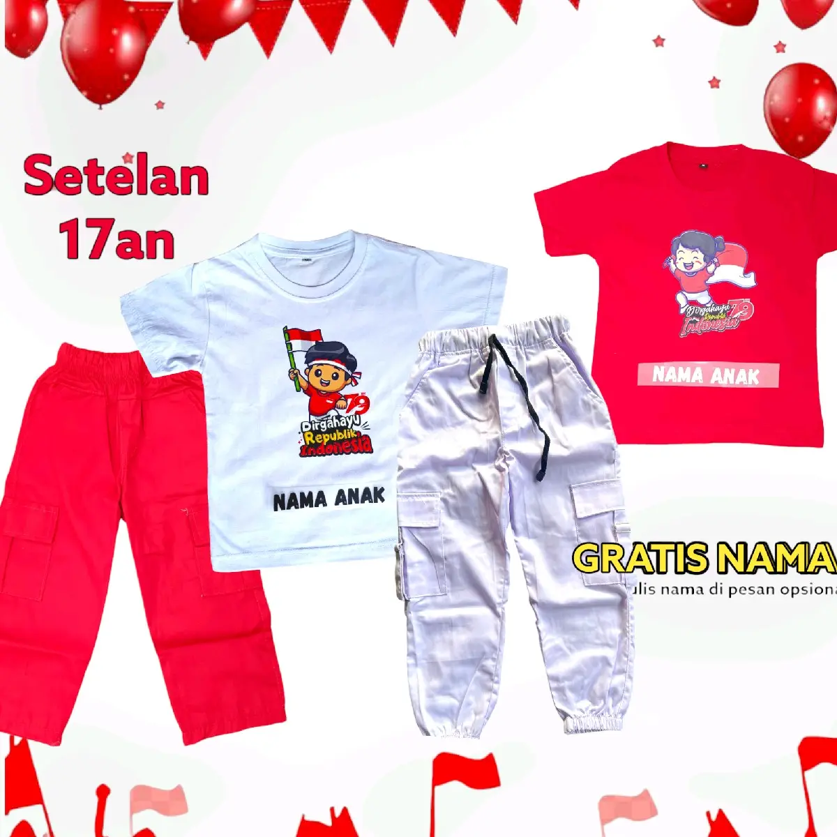 (Tanpa nama)Special 17 an Setelan joger Merah putih unisex 1-13tahun drill