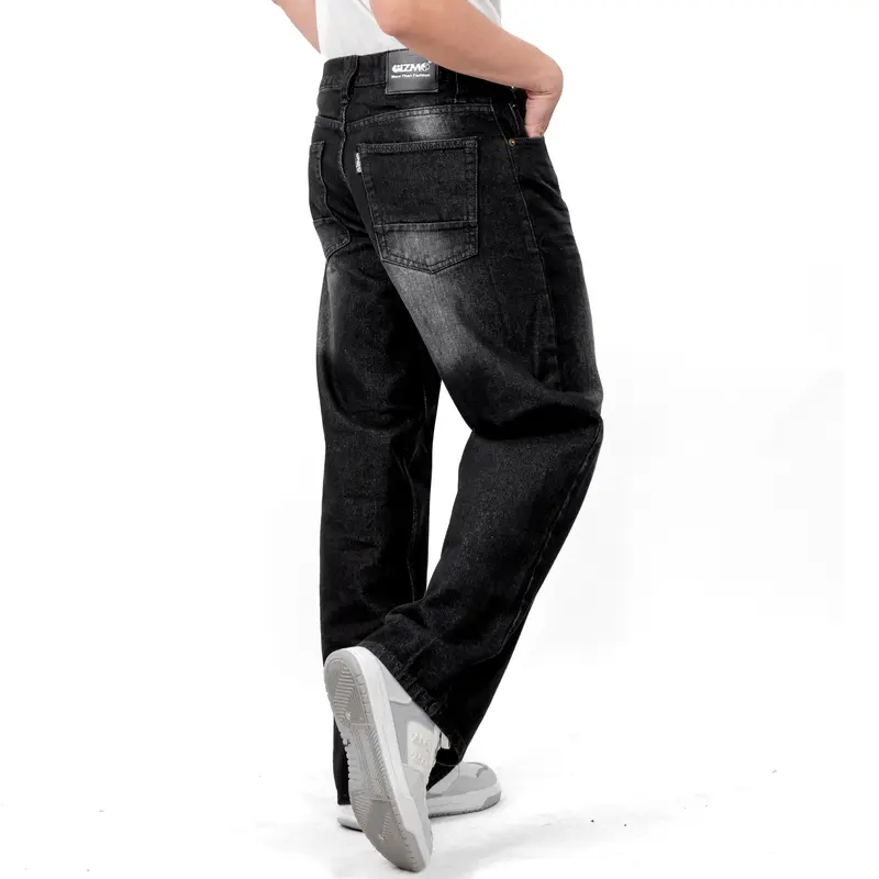 Gizmo - Celana Jeans Wide Leg Wisker Lebar Gombrong Skena Black Wisker pria loose Straight   fit jumbo big keren Bahan Denim Nyaman Oversize Panjang Santai Hitam Dark Casual 5