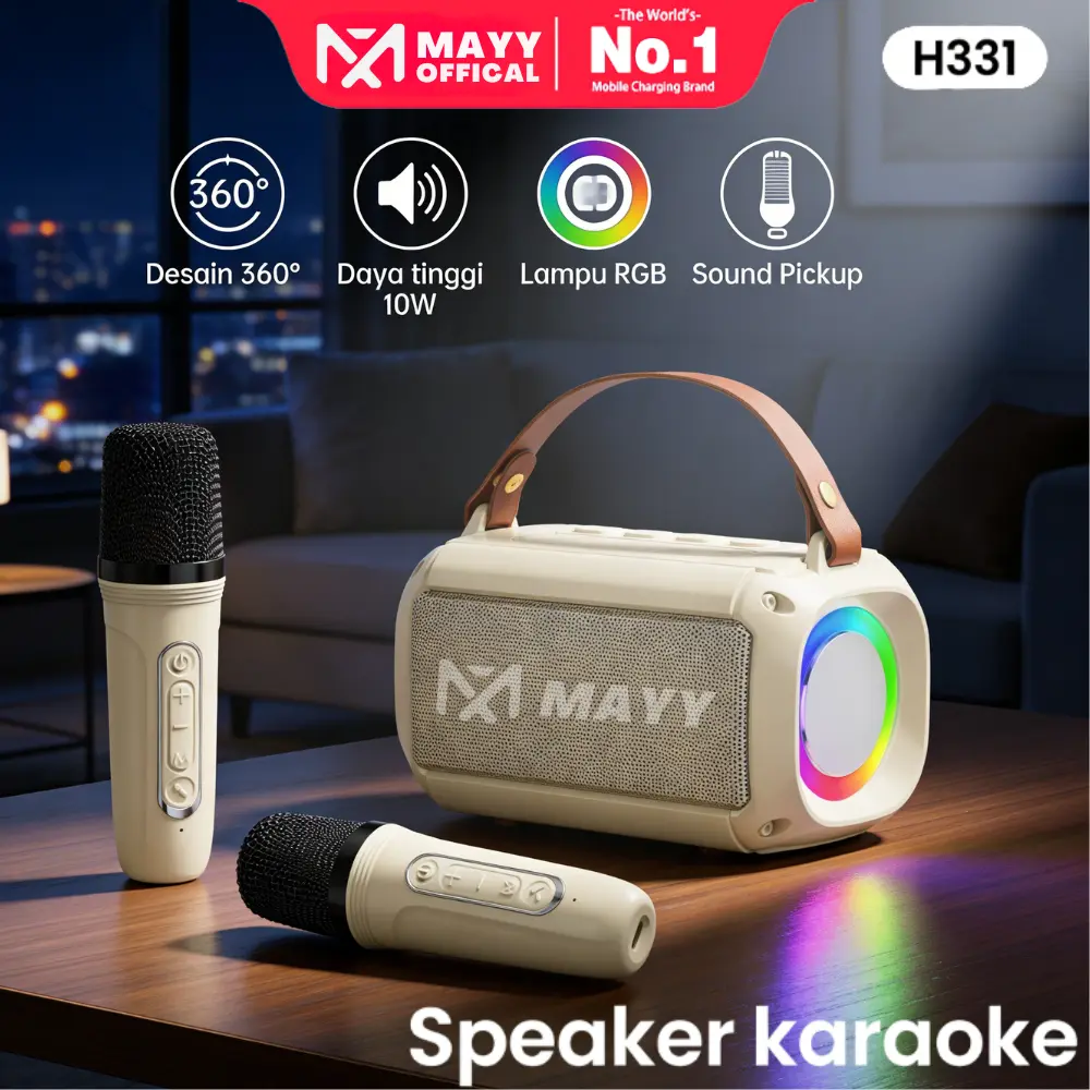 Mayy 2 Mic Speaker Karaoke Bluetooth 5.3 Mini RGB 3.5 Watt Voice Changer Bass Portable dengan Baterai 650mAh dan Frekuensi 120Hz - 18KHz