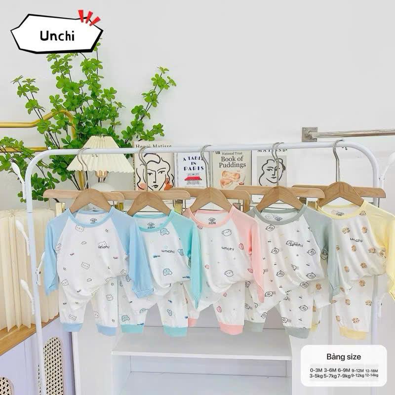 BD52. Bộ sơ sinh dài tay chui đầu Unchi vải petit trắng họa tiết phối giáp lăng cho bé từ 5-15kg