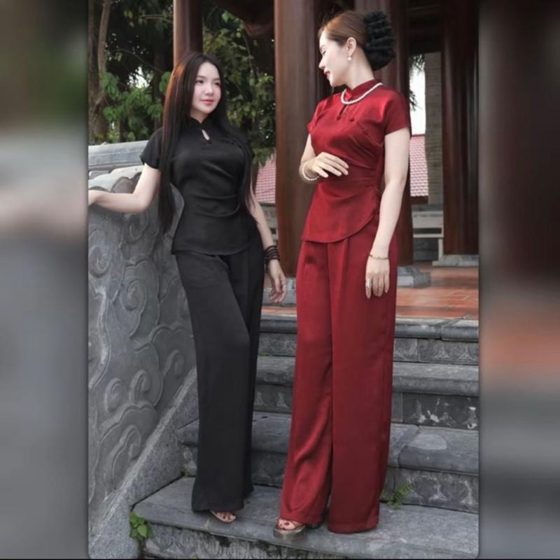  Sét Bộ Đồ Lam Pháp Phục Nữ M12 - Áo Tay Ngắn Nhúng Eo Quần Dài Dáng Suông Thích Hợp Đi Lễ Đi Chùa Thanh Lịch 