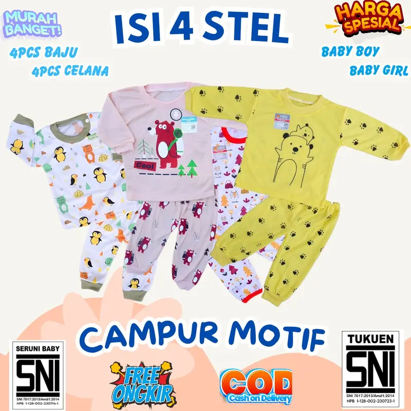 FREE KACAMATA PAKET HEMAT 60RB  DAPAT 4 STEL BAJU BAYI SNI 0-12 BULAN RANDOM MOTIF Bunda Parsel 4