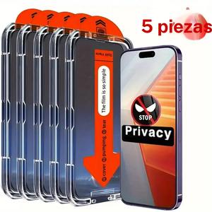 5pcs Protector de Pantalla de Vidrio Templado 9H anti-espiar para iPhone 16 15 PLUS 14 13 12 11 X XS MAX MINI  Antirrayas, Protege Información Sensible, Recubrimiento Antihuellas Protector de Vidrio Templado Antiespionaje