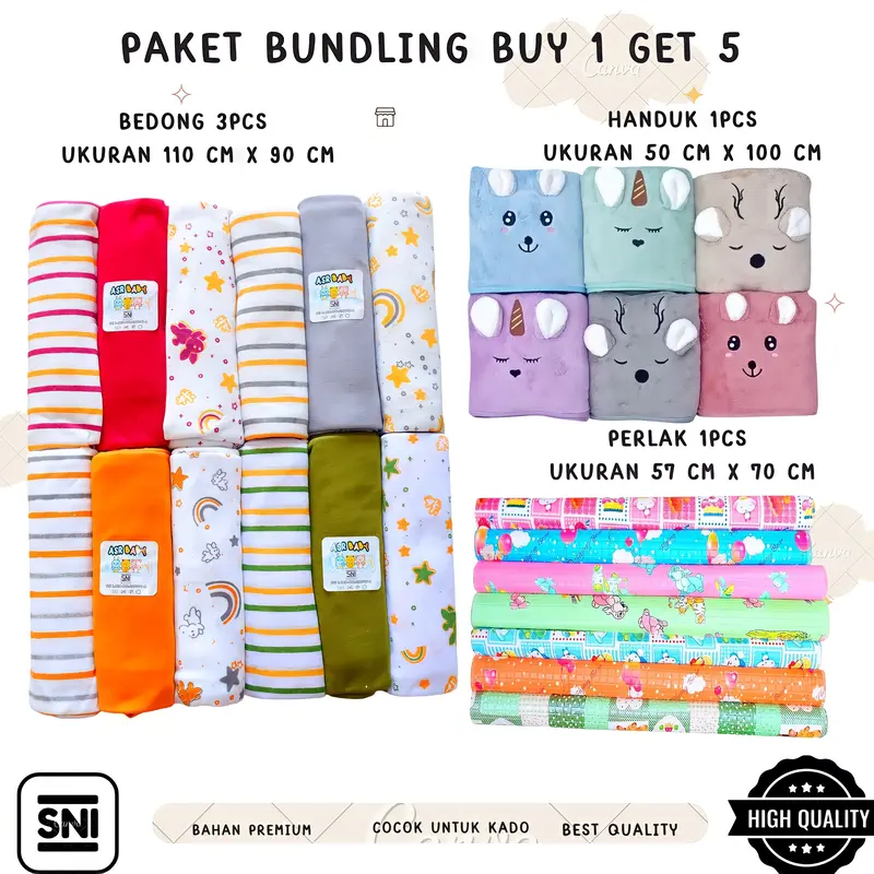 Paket Bundling Bayi Baru Lahir Buy 1 Get 5 (Bedong Jumbo 110 x 90 cm, Handuk Microfiber, Perlak Bayi) - Alas 0