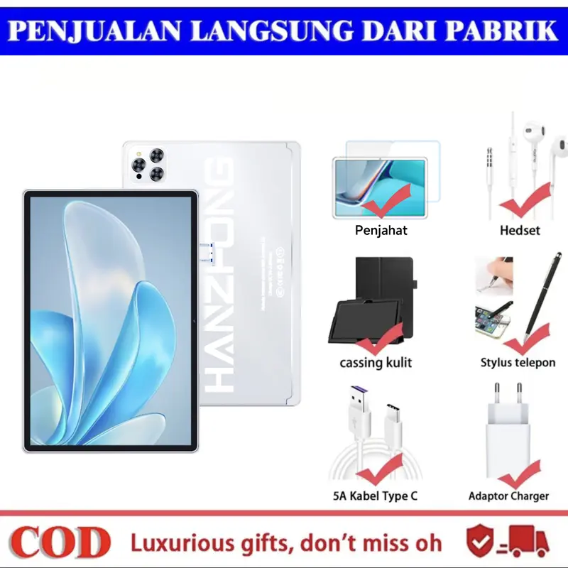Komputer tablet 5G baru, game hiburan, pembelajaran, komputer tablet Android multifungsi, memori besar 16GB+1TB, baterai 12800mAh, kamera HD, SIM ganda 10,8 inci, mikrofon WiFi Bluetooth siaga ganda Layar 8