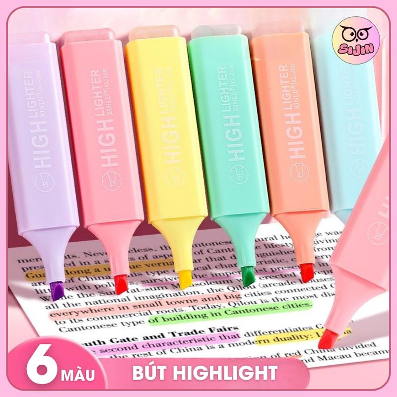 Set 6 Bút nhớ highlight nhiều màu pastle, bút nhớ dòng, bút dạ quang bút đánh dấu dòng nhiều màu thân trong, bút highlight dành cho học sinh, văn phòng tiện lợi - SIJIN