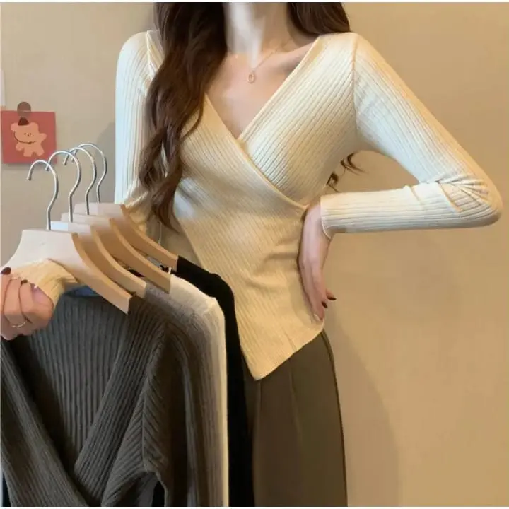 Jiso knit V-neck korean style wrap top - Atasan rajut wanita lengan panjang